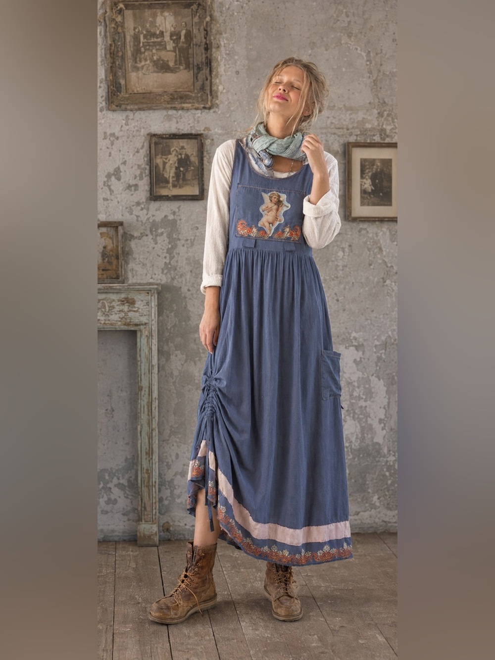 “Angel of Love “ Hand Crafted Navy Blue Maxi Dress with Pink & Orange Accents
